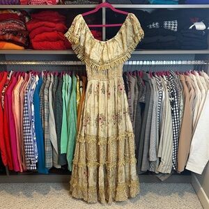 Palak tan/pink with gold metallic threads elastic waistband lined maxi dress S